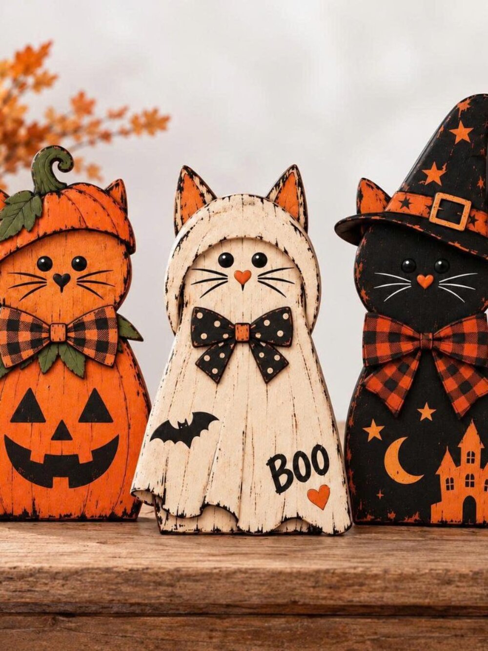 Halloween Wooden Cat Blocks, Halloween Rustic Shelf Sitter, Fall Home Season